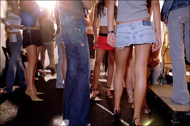 Before the jeans maker Rock & Republic runway tent show, Smashbox, Los Angeles, October 29, 2003.